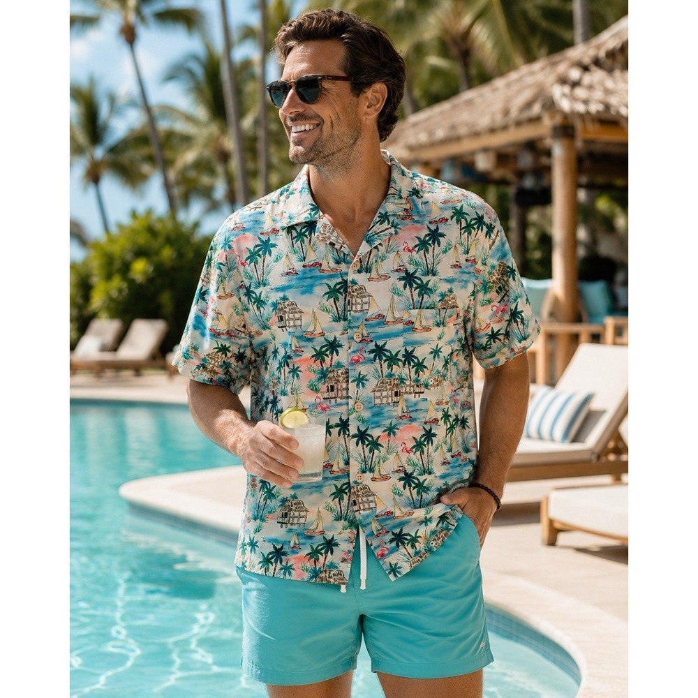 Tropical Hawaiian Camp Shirt‎ Men XLT Beach Cover Resort Aloha Sailboat Flamingo